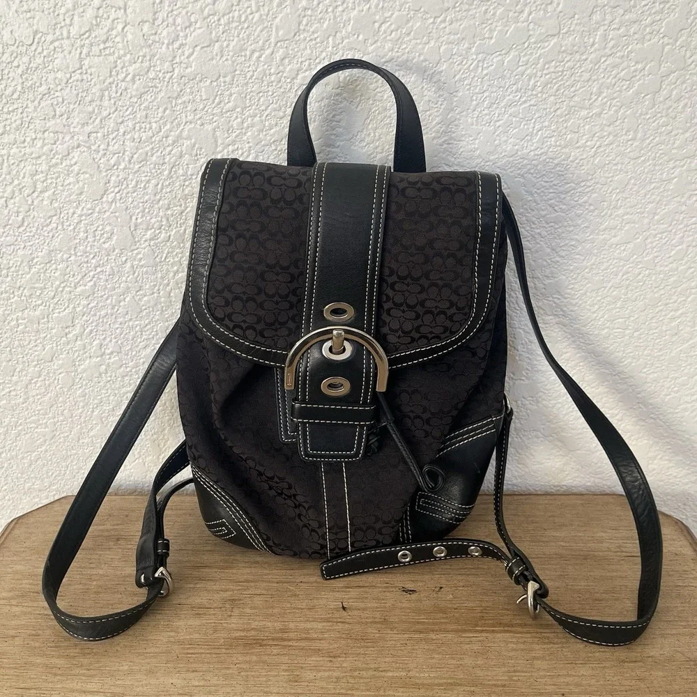 Coach Vintage Soho Black Signature C Pattern Canvas Backpack 9764 w Leather Trim